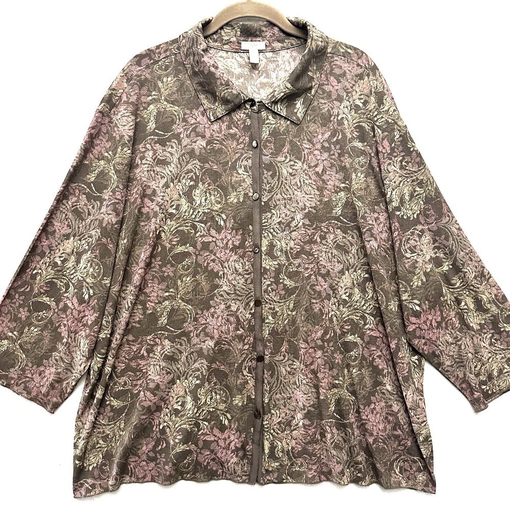 J.Jill Button-Front Blouse Top 4XL Brown Mocha Lavender Beige Taupe Semi Sheer
